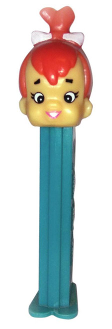 PEZ - Flintstones Pebbles Dispenser, character head with red hair and a bow, holding blue PEZ candies