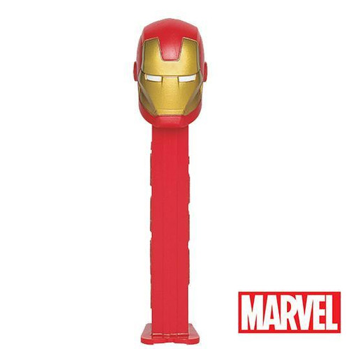 PEZ - Marvel Avengers Iron Man (Gold Face) Dispenser, Red-colored Iron Man character head toy with a long body used as a candy dispenser.