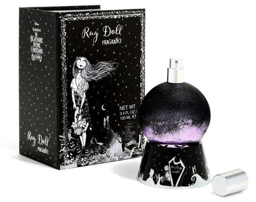 Nightmare Before Christmas Disney Sally Rag Doll Fragrance, decorative perfume bottle with black and pink gradient design and packaging featuring Sally from The Nightmare Before Christmas.