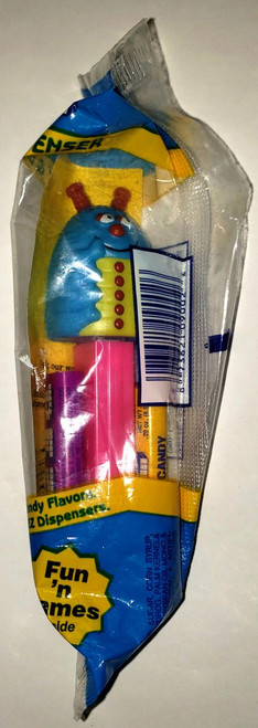 PEZ - Bugz Caterpillar Dispenser, blue caterpillar character with red antennae and red nose in yellow and blue packaging.