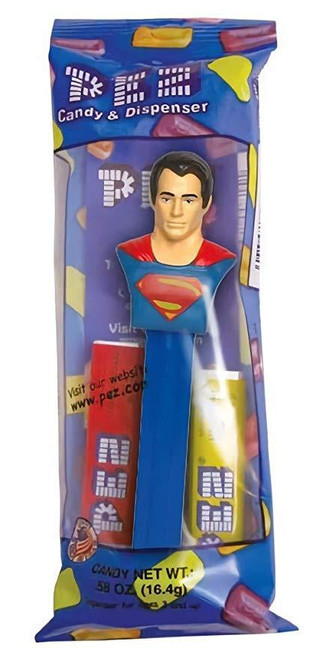 PEZ DC Comics Batman vs Superman Dawn of Justice Superman Pez Dispenser, featuring a Superman head on a blue dispenser body.
