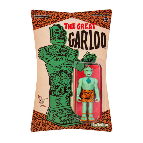 Super7 The Great Garloo 3.75" ReAction Figure, collectible toy in packaging featuring a vintage cartoon illustration of The Great Garloo character with green skin, orange leopard print shorts, and accessories.