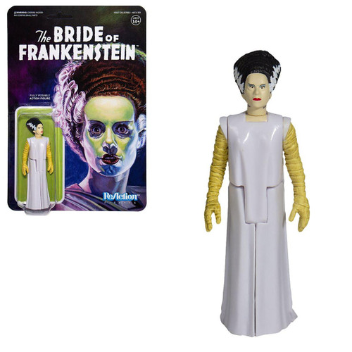 Universal Monsters Super7 Universal Monsters The Bride of Frankenstein ReAction Figure, collectible action figure with detailed design, wearing white gown and yellow gloves, featuring iconic hairstyle and facial features from the classic horror film.