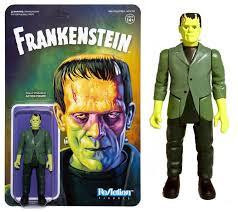 Universal Monsters Super7 Universal Monsters Frankenstein 3.75-inch ReAction Figure, action figure of Frankenstein with yellow face and green suit standing next to its packaging featuring a classic monster portrait.