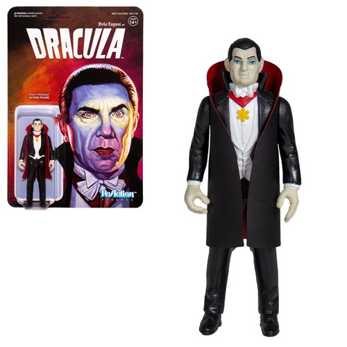 Universal Monsters Super7 Universal Monsters Dracula 3.75" ReAction Figure, detailed action figure of Dracula with black tuxedo, red cape, and Dracula's iconic look, packaged in a blister card with artwork of Bela Lugosi as Dracula.