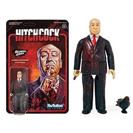 Super7 Alfred Hitchcock Blood Splattered 3.75 inch ReAction Figure, featuring a detailed figure of Alfred Hitchcock in a blood-splattered suit with a miniature black bird accessory.
