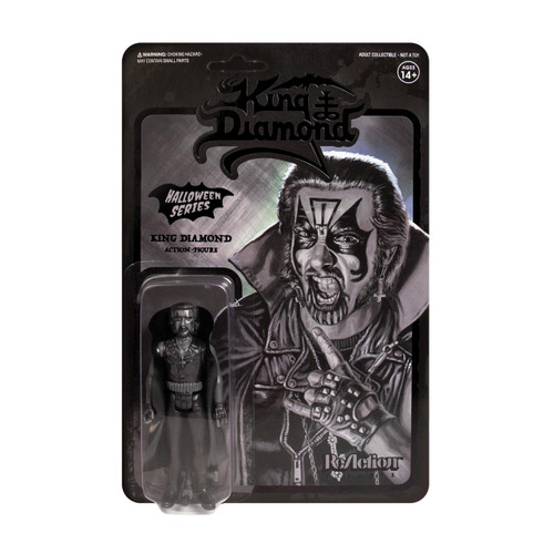Super7 King Diamond 3.75 Inch ReAction Figure - Black, action figure in black attire with long hair and Gothic makeup, in original packaging with graphic illustration of King Diamond.