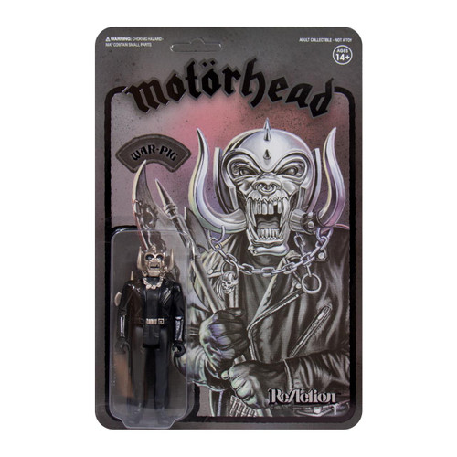 Super7 Motorhead Warpig 3.75" ReAction Figure - Black Series, black action figure of a demon-like warrior with a horned helmet, chains, and skeleton details, in packaging with artwork of the Warpig character.