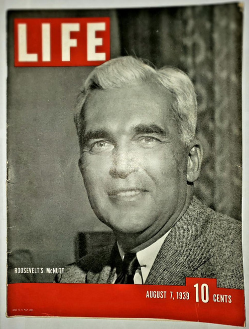 LIFE magazine, August 7, 1939 issue featuring a black and white photograph of Franklin D. Roosevelt, smiling in a suit with a bow tie, with the magazine title 'LIFE' in large red and white letters at the top.
