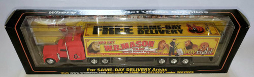 MLB 2012 MLB Baltimore Orioles W.B. Mason Die-cast Tractor Trailer Truck, detailed model of a red tractor truck with a vibrant W.B. Mason advertising trailer.