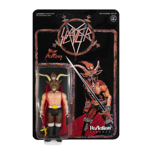 Super7 Slayer Reaction Figure - Minotaur, collectible action figure with a fierce goat-headed demon warrior in black shorts, silver wristbands, and a red cape, in its original packaging.