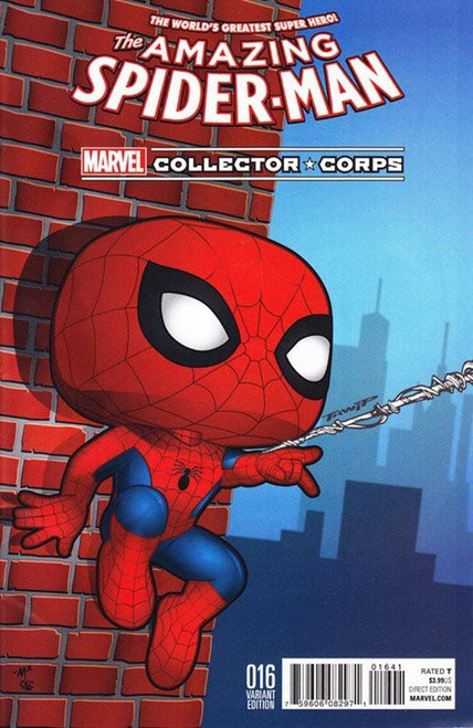 Funko Marvel Collector Corps The Amazing Spider-Man #16 Comic Book, illustrated cover of Spider-Man swinging on a web near a brick wall with NYC skyline in the background.
