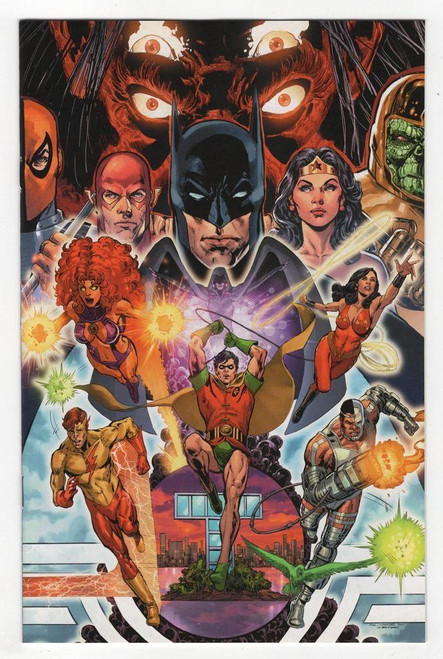 Funko Legion Of Collectors DC Comics Teen Titans #1 Exclusive Comic Book, vibrant comic book cover featuring Batman, Wonder Woman, The Flash, Cyborg, Starfire, Raven, Kid Flash, and a large monstrous face in the background.