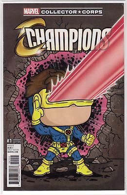 Funko Marvel Collector Corps Champions #1 Variant Edition Comic Book, featuring a cartoon character with a large box head and yellow costume, emitting a pink energy blast from its eyes.