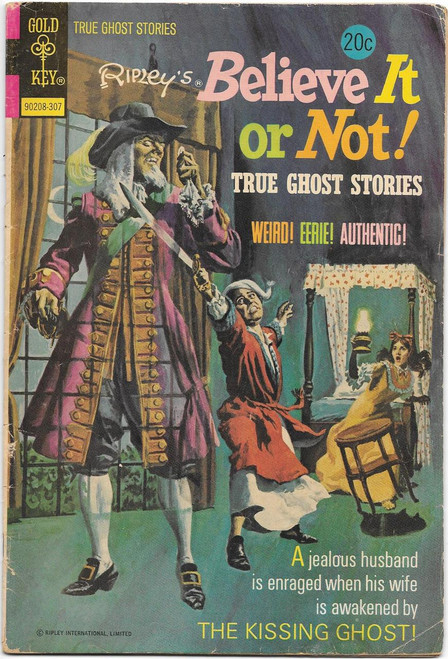 Gold Key Ripley's Believe It Or Not! True Ghost Stories #90208-307 Comic Book, featuring a spooky illustration of a jealous husband wielding a sword with a ghostly wife and a surprised woman in a bedroom.