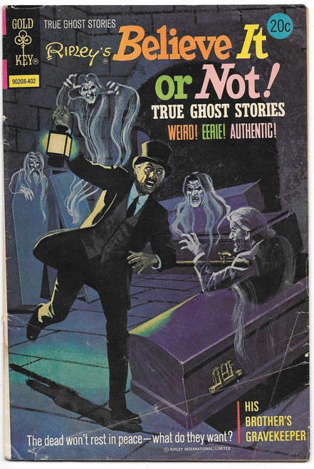 Gold Key Ripley's Believe It Or Not! True Ghost Stories #90208-402 Comic Book, illustrated cover featuring ghostly figures haunting a person with a lantern, and a mysterious gravekeeper, in vintage horror comic style.