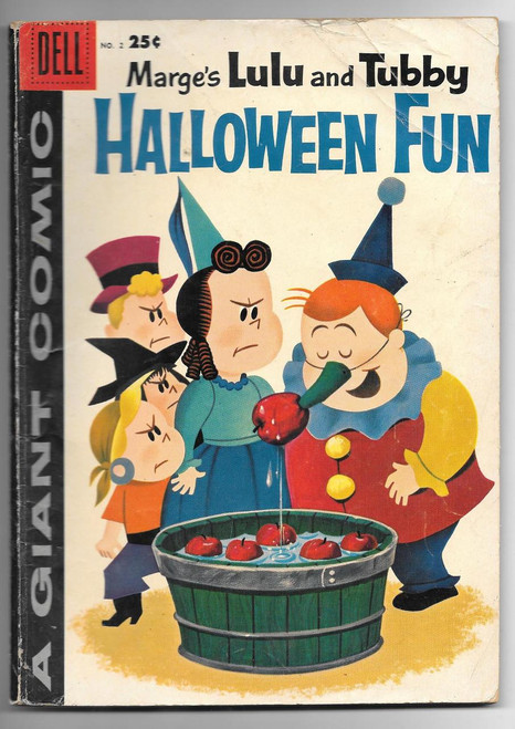 Dell Marge's Lulu And Tubby Halloween Fun #2, vintage comic book cover featuring Lil Lulu and Tubby dressed as Halloween characters around a basket of apples.