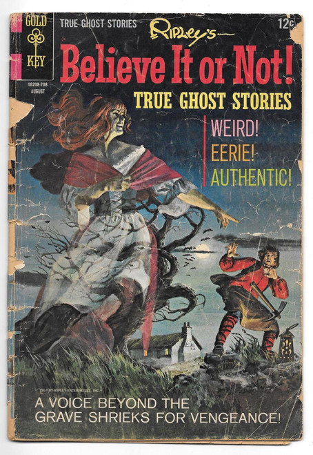 Gold Key Ripley's Believe It Or Not! True Ghost Stories comic book, vintage cover featuring a ghostly woman and a man with an axe in a spooky outdoor scene.