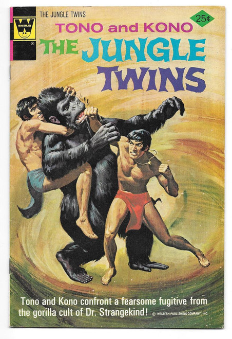 Whitman Comics Tono And Kono The Jungle Twins #11 Comic Book, vintage cover featuring two young boys fighting a gorilla with a girl clinging to the gorilla's back.