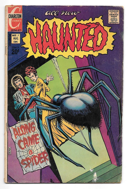 Charlton Comics Haunted #7 comic book, featuring a large spider and two characters looking surprised with the spider coming out of a door and a sign that says 'Along Came a Spider'.