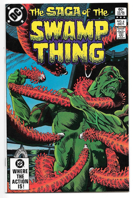 DC Comics Saga of the Swamp Thing #6 Comic Book, featuring a green humanoid creature entangled with red tentacles on the cover.