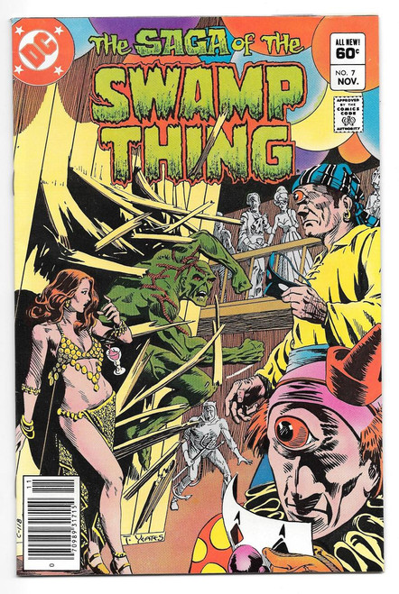 DC Comics Saga of the Swamp Thing #7 Comic Book, colorful comic cover featuring Swamp Thing, a woman dressed in a revealing costume, an old woman reading a card, and various other characters in a dynamic scene.