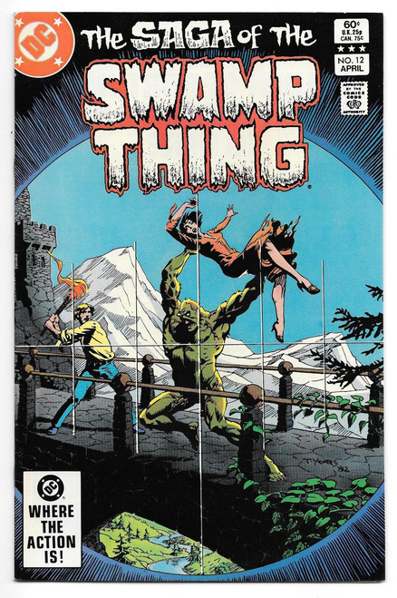 DC Comics Saga of the Swamp Thing #12 Comic Book, cover art featuring Swamp Thing holding a woman in a mountainous landscape.