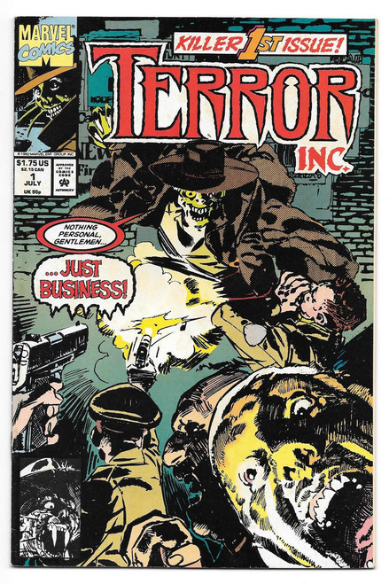 Marvel Terror Inc. #1 Comic Book, vintage comic cover showcasing a villainous character with a skeleton face and a wide hat, guns, police officers, and a snarling dog in a crime scene setting.