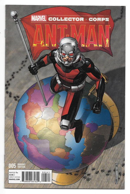 Funko Marvel Collector Corps Ant-man #5 Variant Edition Comic Book, Marvel superhero Ant-Man flying over a colorful world map with a red flag, illustrating comic book artwork.