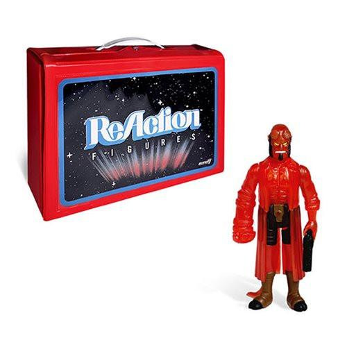 Super7 ReAction Figure Carry Case with Hellboy Action Figure, red storage case with blue and white ReAction Figures logo and Hellboy action figure with red armor, horns, and large gun.