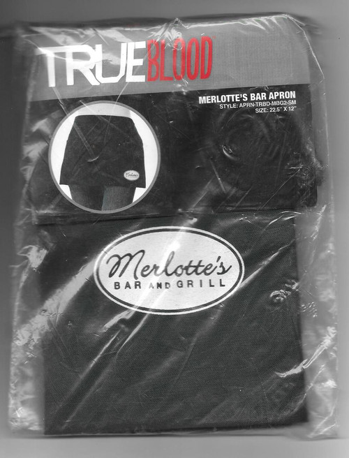 TRUEBLOOD True Blood Merlotte's Bar Apron, black bar apron with Merlotte's Bar and Grill logo, perfect for fans of the TV series and bar staff.