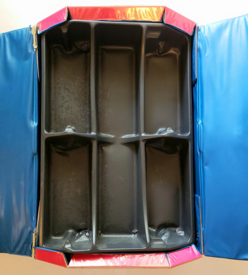 The Real Ghostbusters Collectors Case, empty black plastic storage case with six compartments designed for Ghostbusters collectibles, placed inside a partially opened blue and red cardboard box.