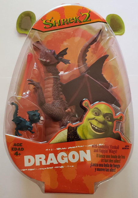 Hasbro Shrek 2 Dragon Action Figure, toy set featuring Shrek's dragon with launching fireball and flapping wings, suitable for ages 4 and up.
