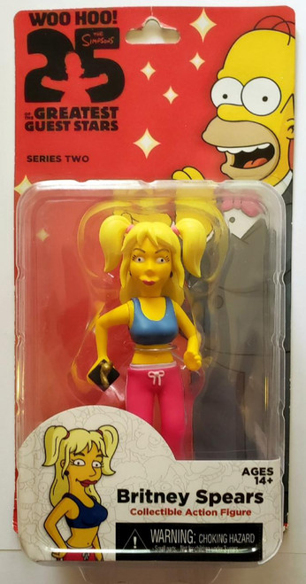 NECA Simpsons - Britney Spears Action Figure, collectible toy featuring a cartoonish female character with yellow hair in pigtails, wearing a blue sports bra and pink pants, holding a black phone, in its original packaging with graphic design of Simpsons characters and branding.