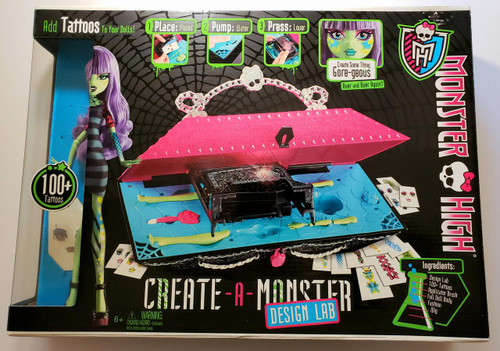 Monster High Create A Monster Design Lab Doll Play Set, toy design activity with tattoo stickers, stamping tool, and doll body parts for custom monster creation.
