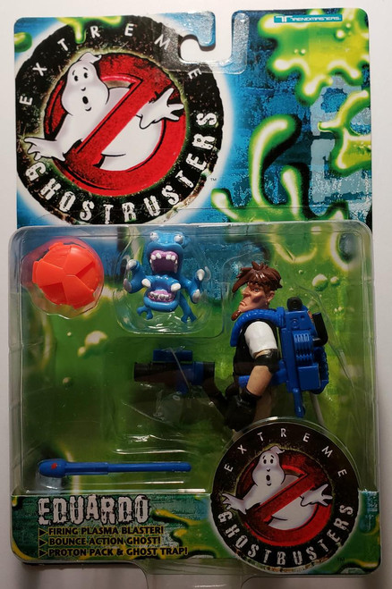 Trendmasters Extreme Ghostbusters Eduardo Action Figure with accessories, including a blue monster, backpack, and ghost trap, in original packaging with Ghostbusters logo.