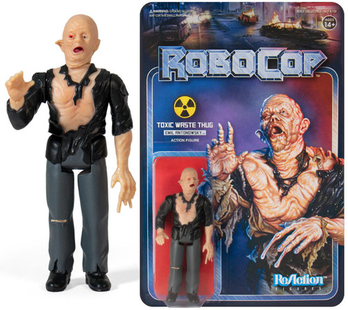 Super7 Robocop Reaction Emil Antonowsky Action Figure, toy figure of a grotesque character with a bald head, wrinkled skin, and torn black clothing, standing next to its packaging with a horror-themed graphic design.