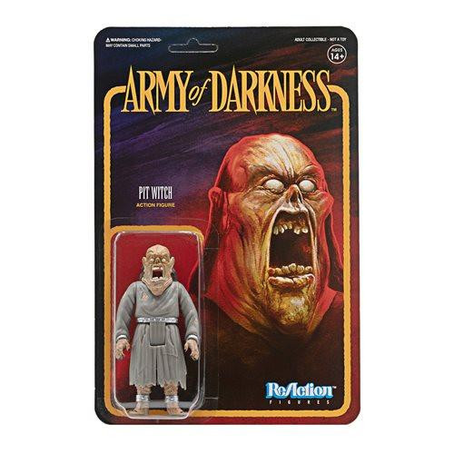 Super7 Army of Darkness Pit Witch ReAction Figure, collectible action figure in packaging featuring artwork of the Pit Witch with open mouth and skeletal face, from the Army of Darkness series.