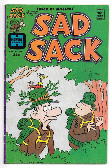 Harvey Comics Sad Sack #251 Comic Book, colorful cover art featuring Sad Sack and fellow soldier with a bird on his hat, outdoors scene with trees and bushes.
