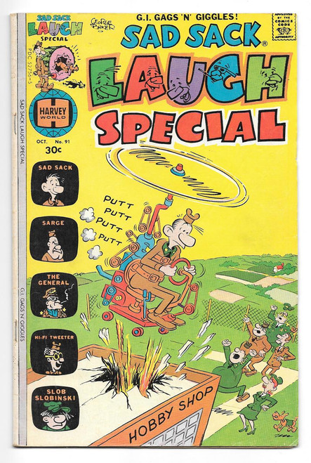 Harvey Comics Sad Sack Laugh Special #91 Comic Book, colorful cover illustration featuring Sad Sack on a rollercoaster at a golf course, with a broken window at the hobby shop below, and caricatured characters cheering.