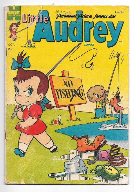 Harvey Comics Little Audrey Comics #38, vintage comic book cover featuring Little Audrey with a fishing rod and a 'No Fishing' sign, colorful cartoon illustration, dated October, priced at 10 cents.