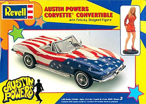 Revell Austin Powers Corvette Convertible with Felicity Shagwell Figure Model, vintage toy car with patriotic red, white, and blue design and a Felicity Shagwell figure included.