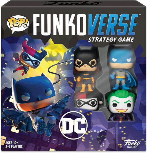 Funkoverse Strategy Game - DC Comics, collectible Funko Pop! figures of Batman, Robin, Batgirl, and Joker in a toy box, with Batman in a flying pose in the foreground.