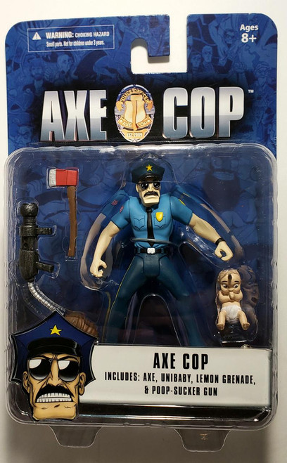 Axe Cop Action Figure, toy police officer with sunglasses, police badge, axe, unibaby, lemon grenade, and poop-sucker gun in packaging.