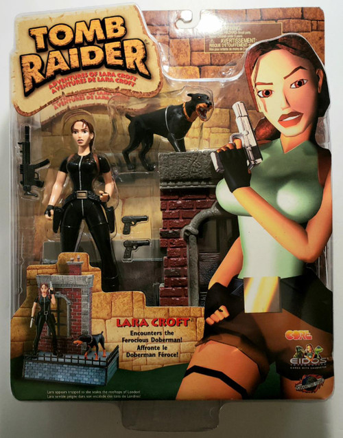 Playmates Lara Croft Tomb Raider Encounters the Ferocious Doberman Action Figure, toy set featuring Lara Croft and a ferocious Doberman with weapons and accessories.