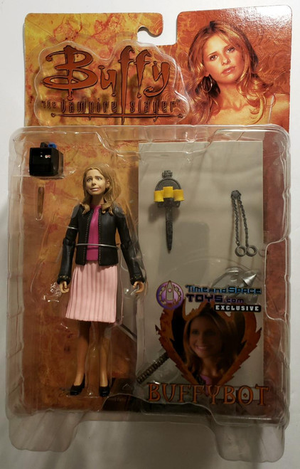 Diamond Select Toys Buffy the Vampire Slayer BuffyBot Action Figure, collectible doll in packaging with accessories and printed background.