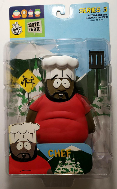 Mirage Awesome Plastic South Park Chef Action Figure, collectible toy of Chef from South Park wearing a chef's hat, red shirt, and holding a spatula, in packaging with South Park logo and cartoon mountain background.