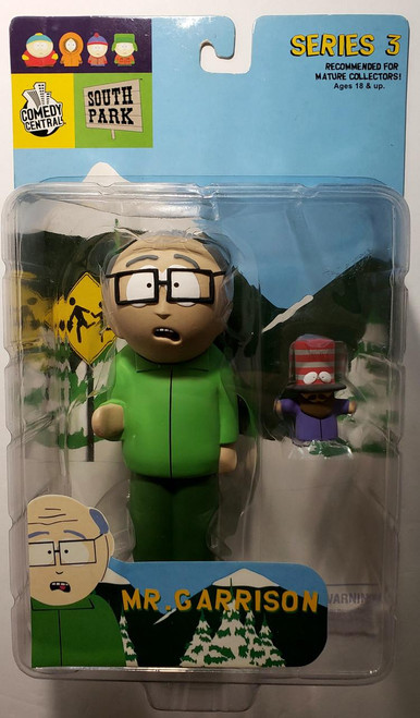 Mirage Awesome Plastic South Park Mr. Garrison Action Figure with Damaged Package, includes collectible figure and small accessory, in retail packaging with cartoon South Park theme.
