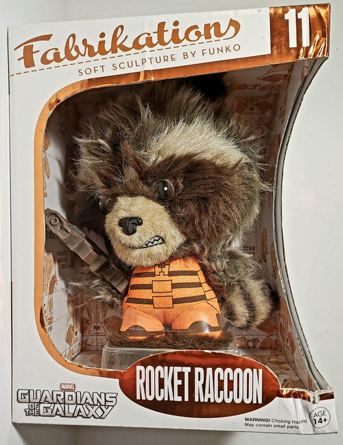 Funko Fabrikations Marvel Guardians Of The Galaxy Rocket Raccoon, plush soft sculpture toy with layered fur, plush face, and orange costume in its box.