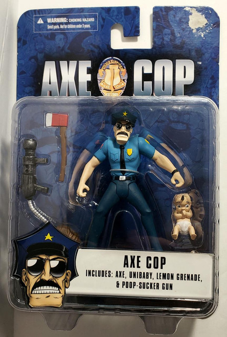 Mezco Toyz Axe Cop Action Figure (Damaged Package), toy figure of Axe Cop dressed as a police officer with accessories including an axe, unibaby, lemon grenade, and poop-sucker gun in damaged packaging.